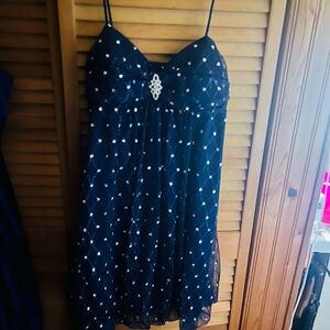 Navy Spaghetti Strap Silver Sequined Cocktail Dress with Diamond Broach